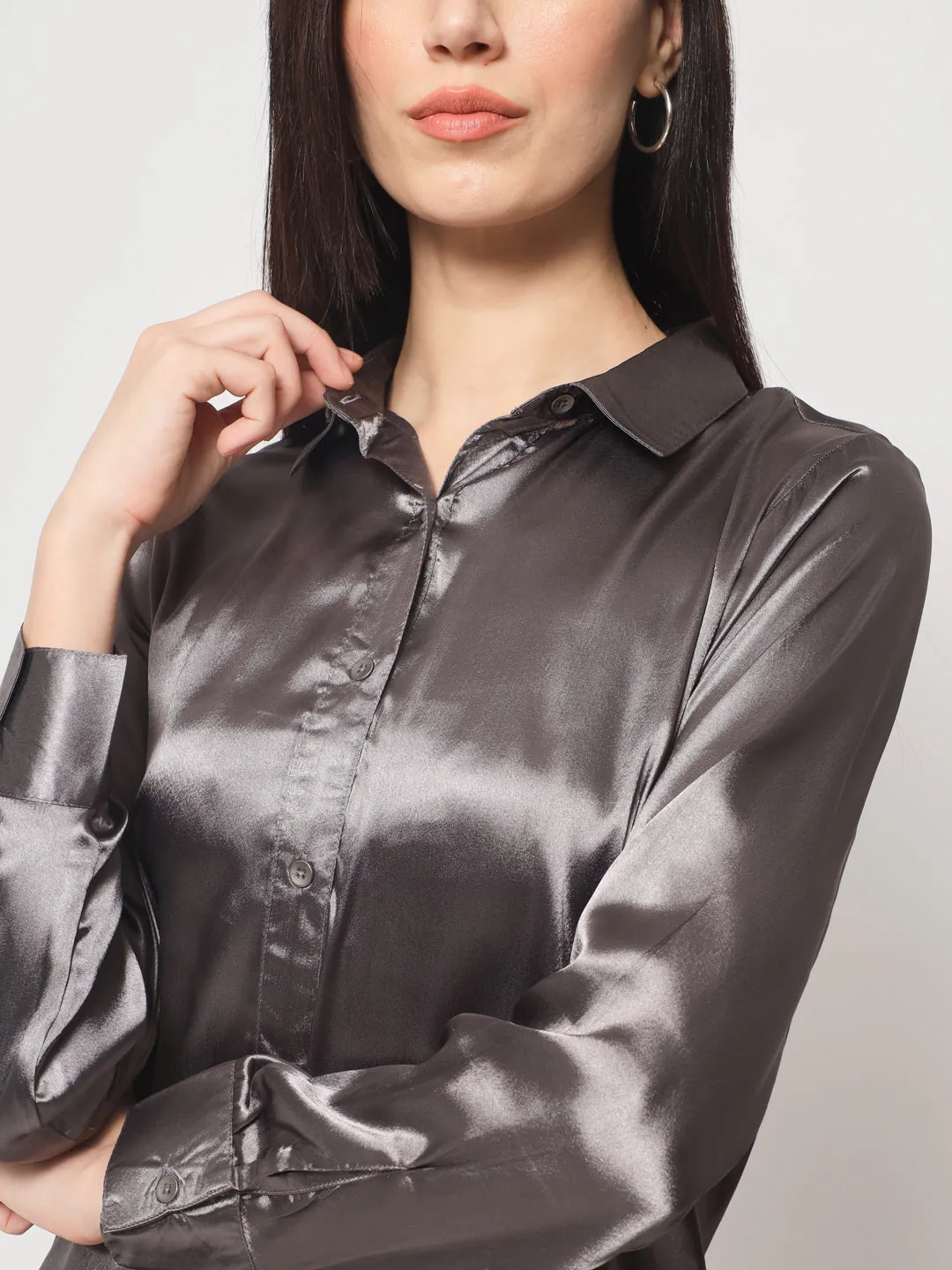 Women Grey Classic Slim Fit Casual Shirt