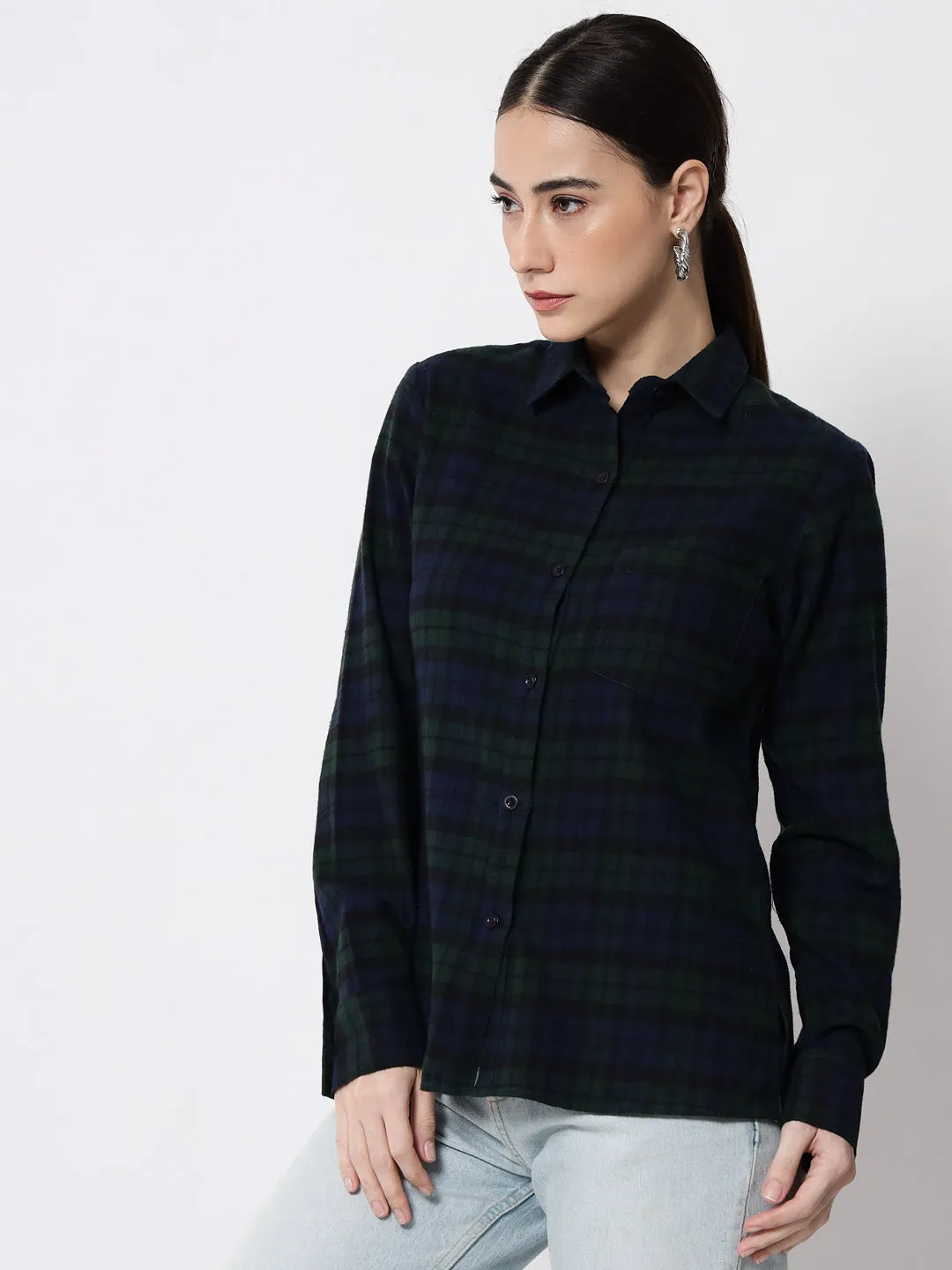 Women Navy Blue & Green Regular Fit Tartan Checked Pure Cotton Casual Shirt