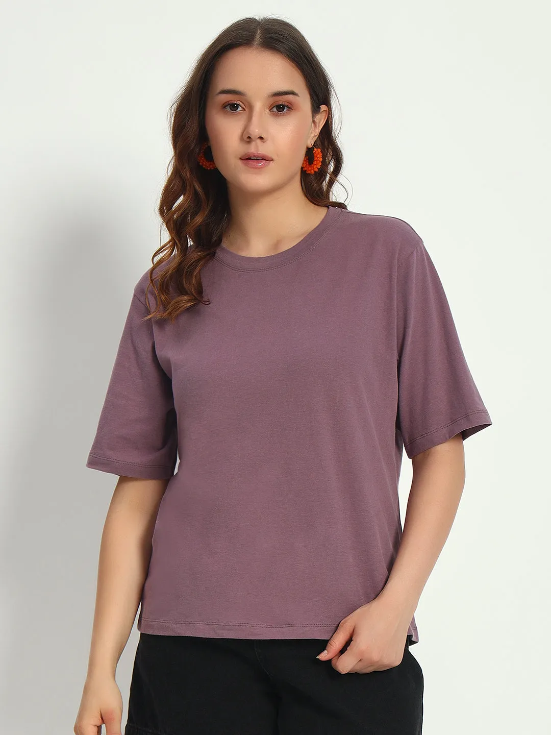 Women purple Solid Round Neck Pure Cotton T-Shirt