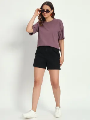 Women purple Solid Round Neck Pure Cotton T-Shirt