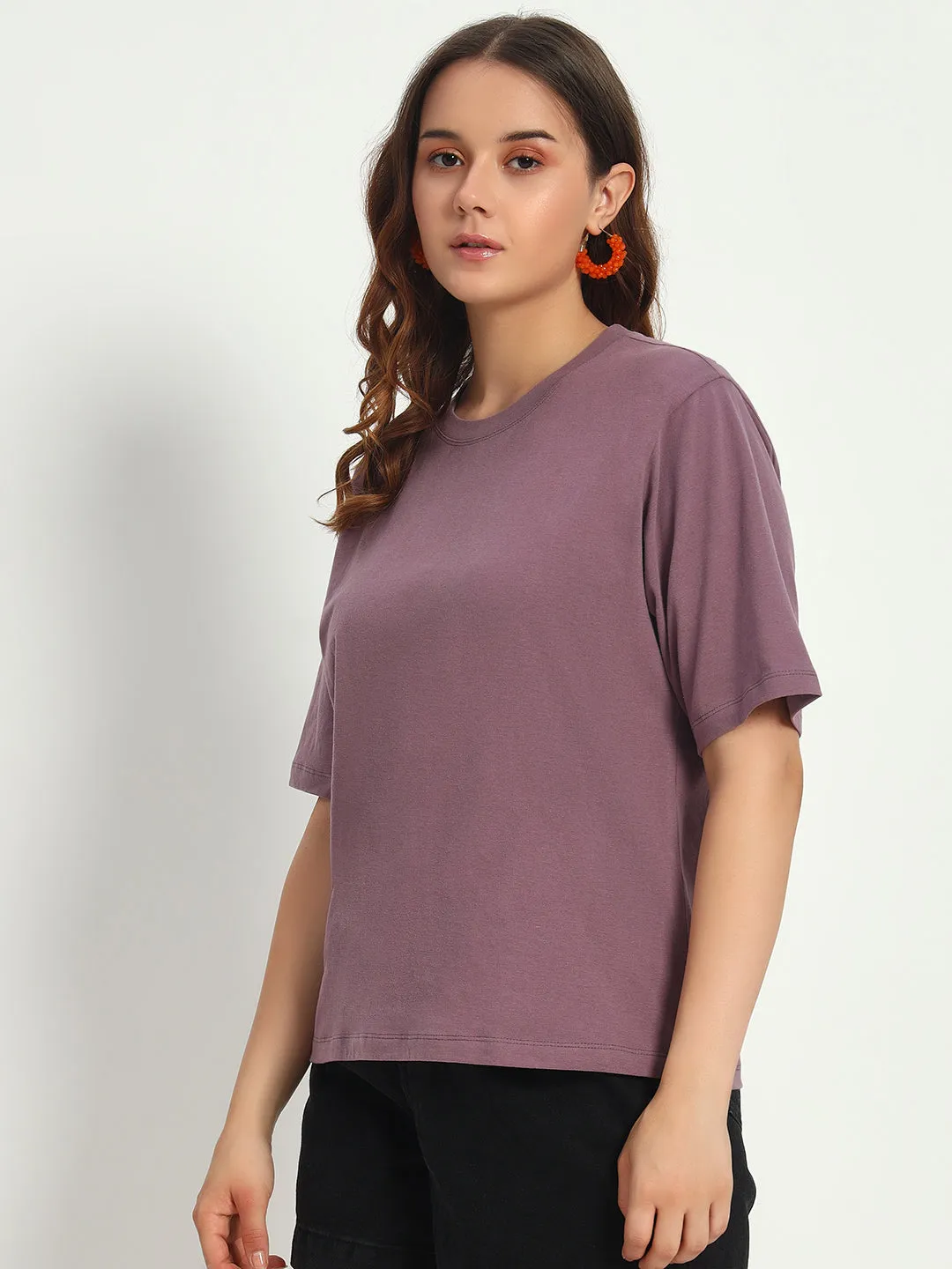 Women purple Solid Round Neck Pure Cotton T-Shirt