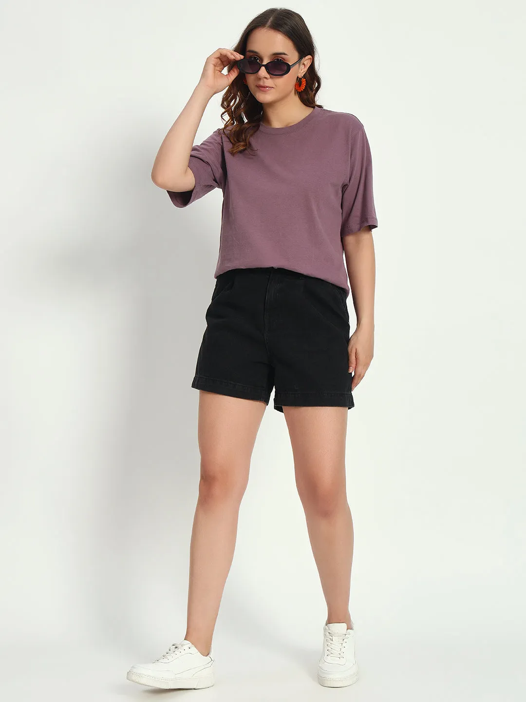 Women purple Solid Round Neck Pure Cotton T-Shirt