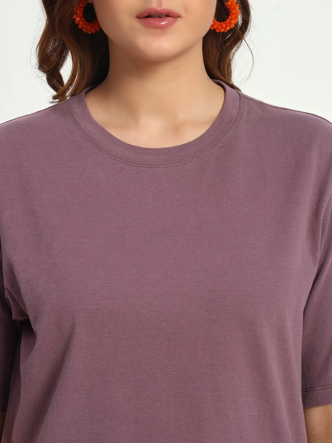 Women purple Solid Round Neck Pure Cotton T-Shirt