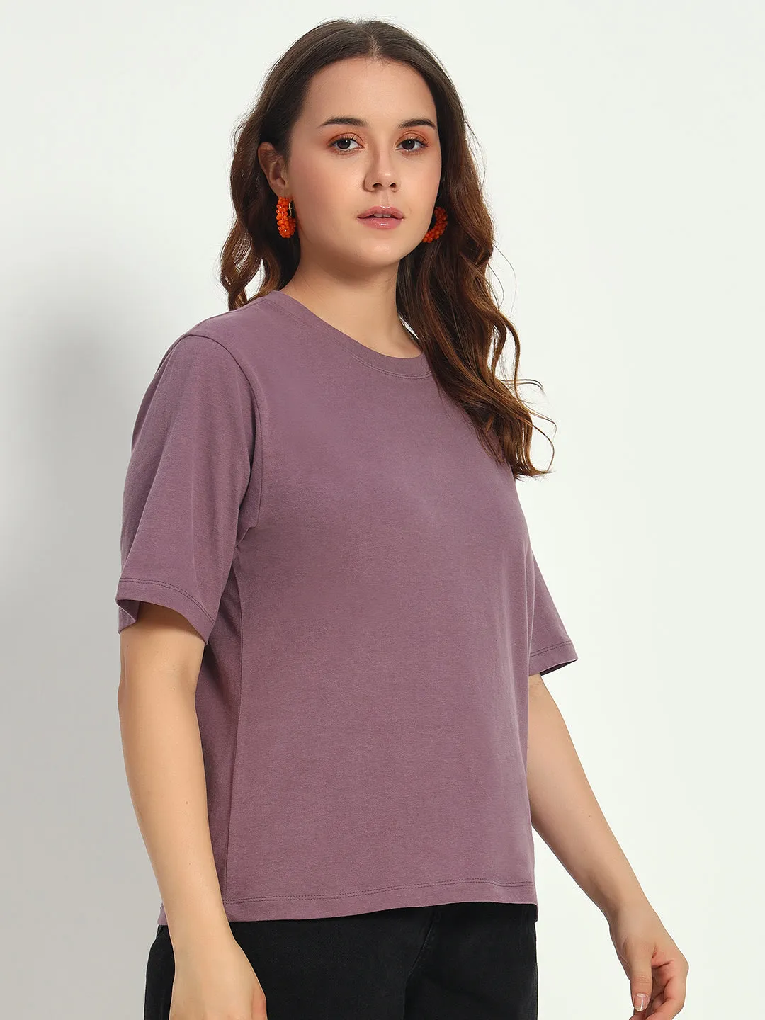 Women purple Solid Round Neck Pure Cotton T-Shirt