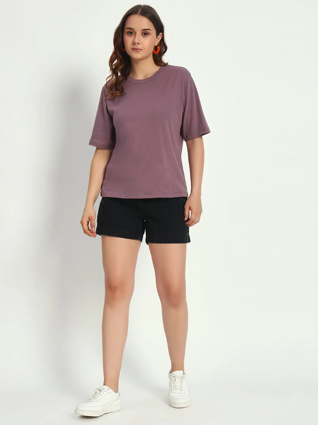 Women purple Solid Round Neck Pure Cotton T-Shirt