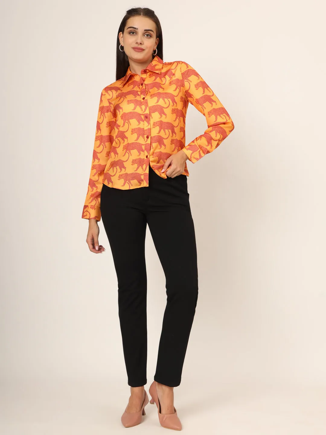 Women Slim Fit Animal Printed Spread Collar Casual Yellow Shirt