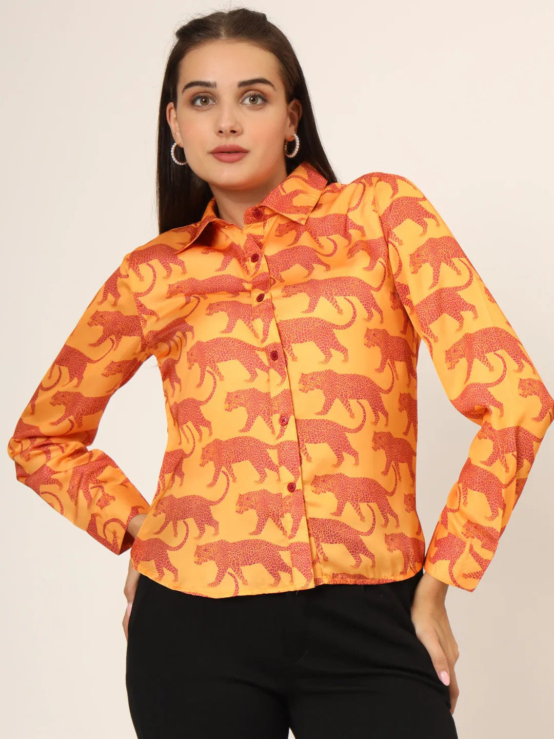 Women Slim Fit Animal Printed Spread Collar Casual Yellow Shirt