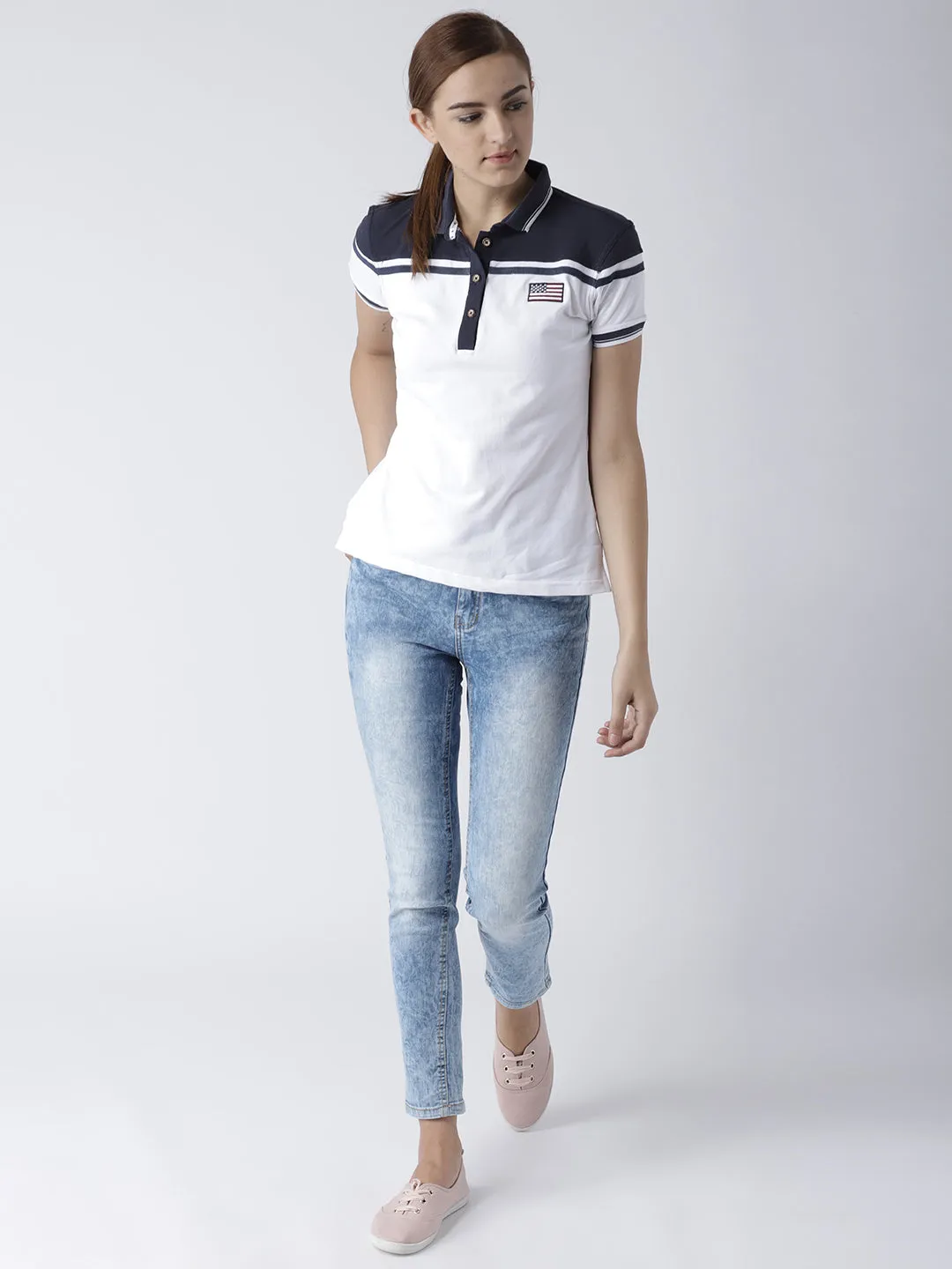 Women White and Navy Blue Polo T-shirt