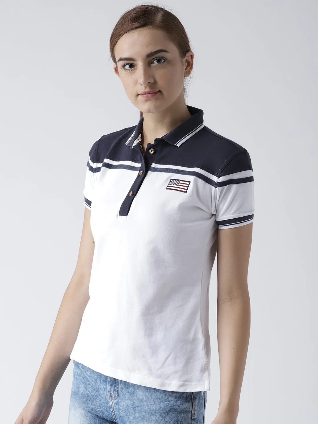 Women White and Navy Blue Polo T-shirt