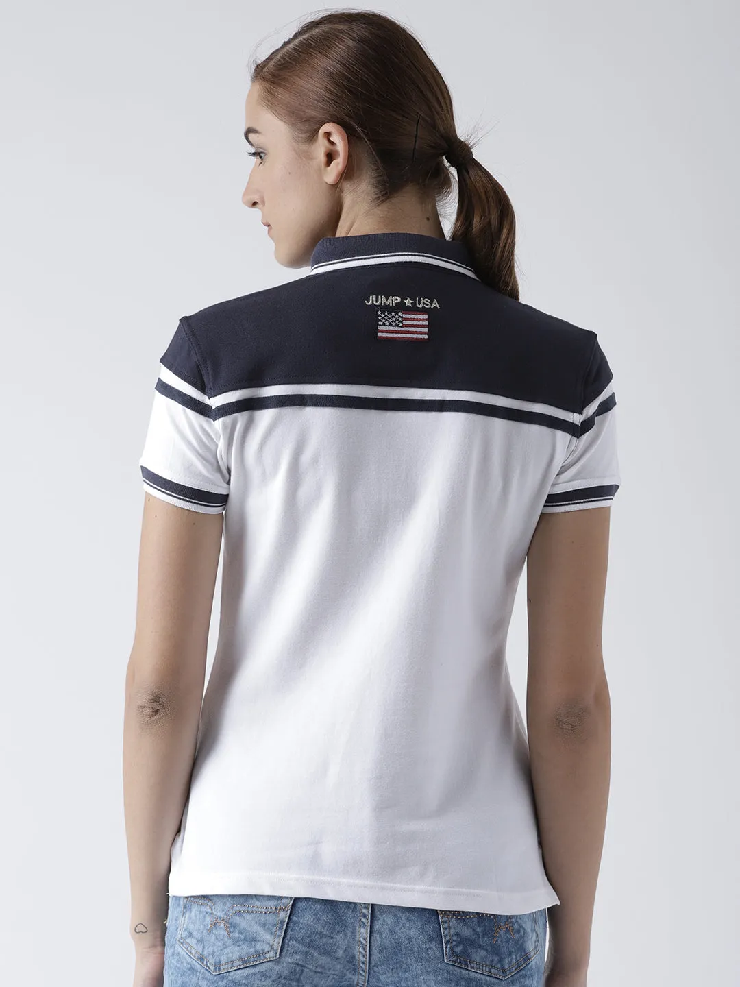 Women White and Navy Blue Polo T-shirt