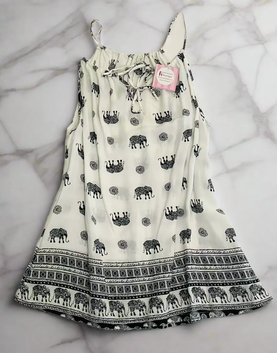 Womens Elephant Paisley Graphic Tank Top, Sleeveless Summer Shirt, Size Small, White/Black