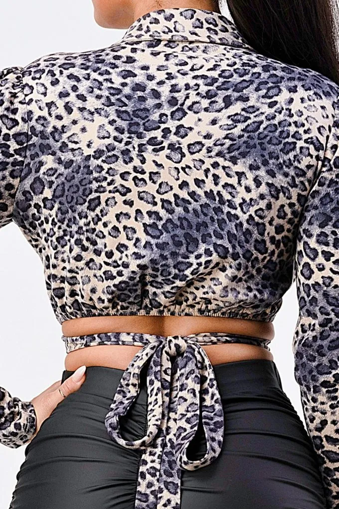 Women's Sexy Animal Print Collared Back-tie Wrap Top